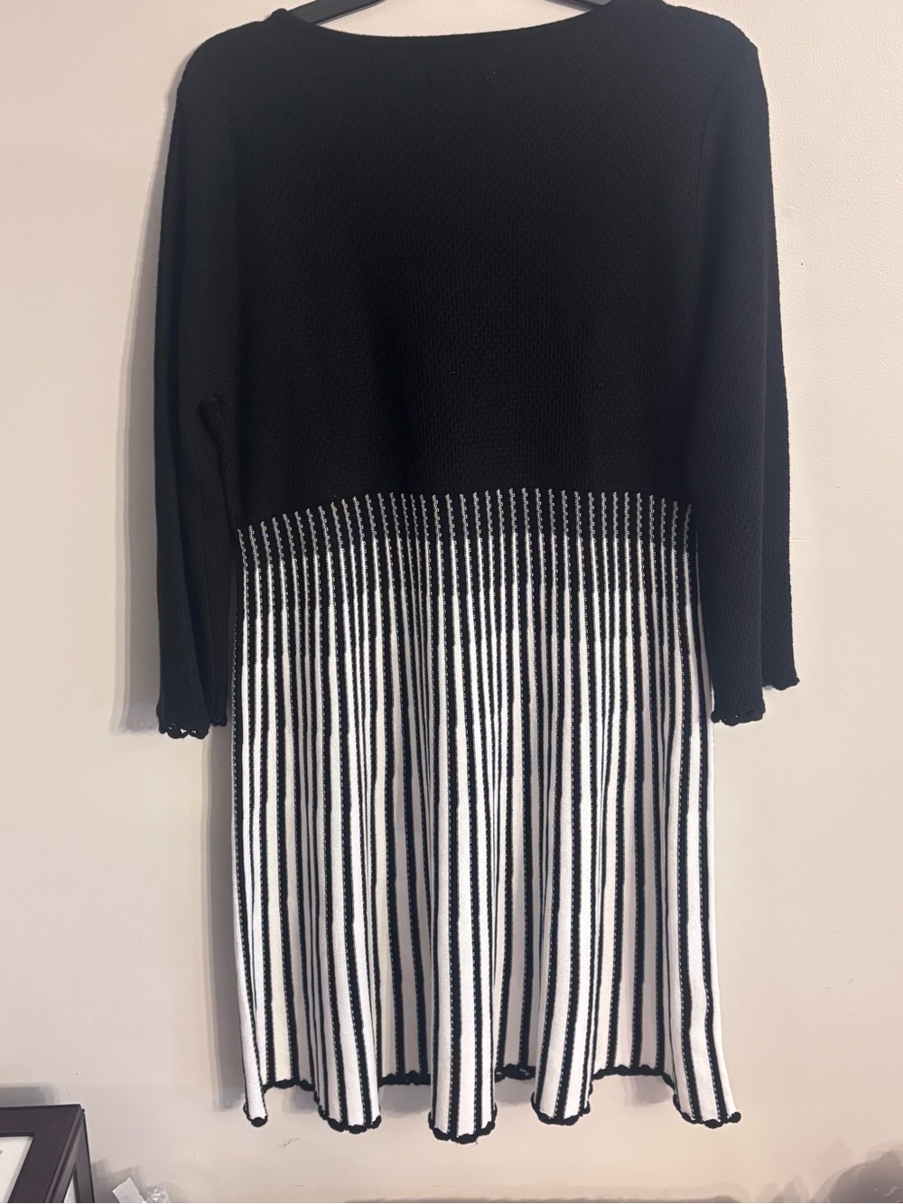Calvin Klein Black and White Long Sleeve Fit-and-Flare Knit Dress